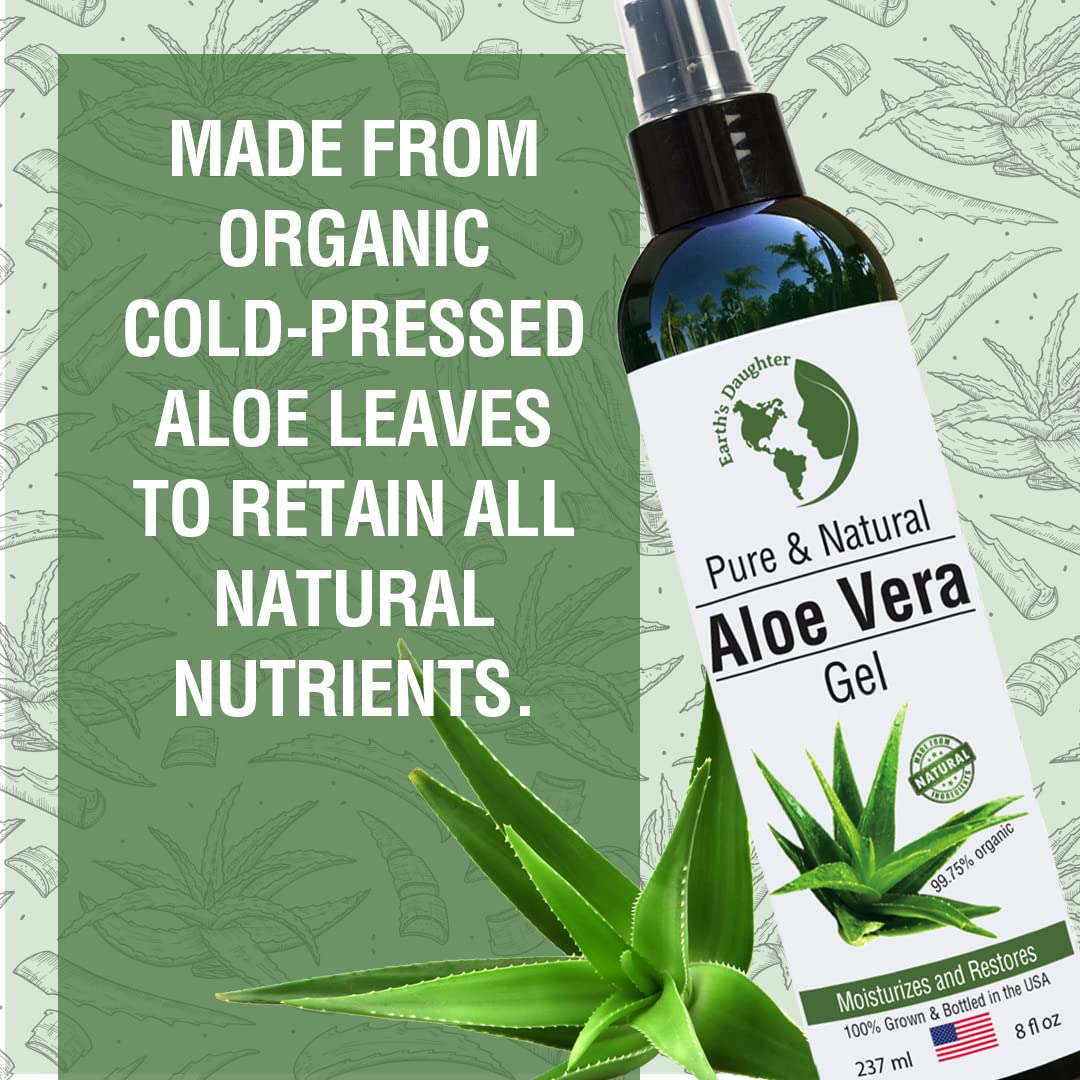 Earth's Daughter Organic Aloe Vera Gel from 100% Pure and Natural Cold Pressed Aloe - Great for Face - Hair - Acne - Sunburn - Bug Bites - Rashes - Eczema - 8 Oz.