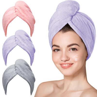 Hicober Microfiber Hair Towel, 3 Packs Hair Turbans for Wet Hair, Drying Hair Wrap Towels for Curly Hair Women Anti Frizz (Blue,Grey,Pink)