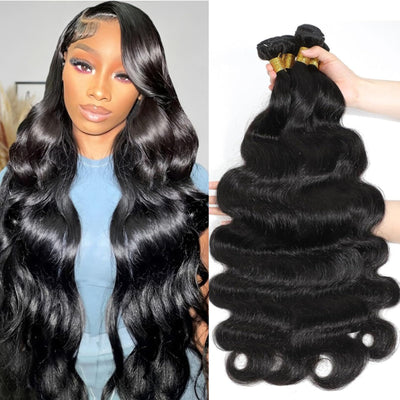 Rao 12A Body Wave Bundles Human Hair 22 24 26 Inch Human Hair Bundles 100% Brazilian Virgin Hair Body Wave Bundles Weave Human Hair Extensions 3 Bundles Deals Real Human Hair Natural Black For Women