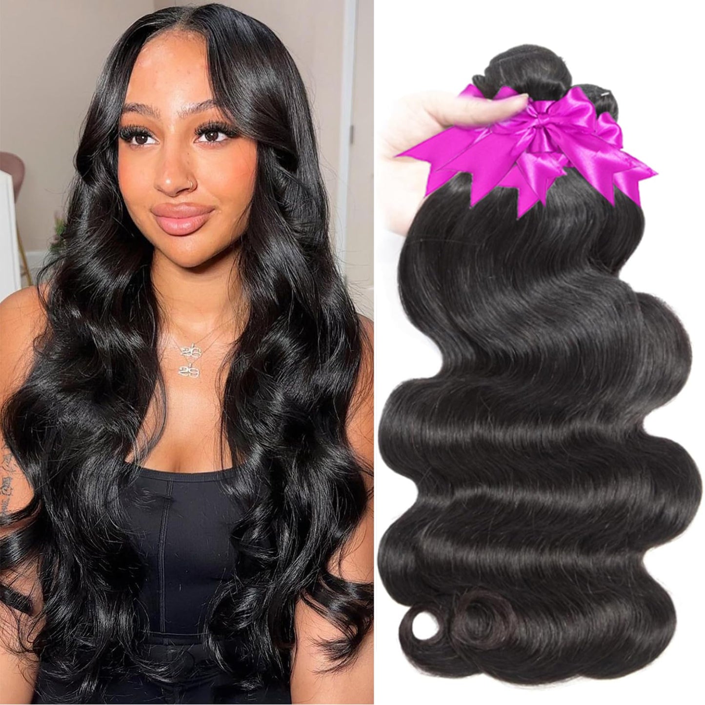 Rao 12A Body Wave Bundles Human Hair 22 24 26 Inch Human Hair Bundles 100% Brazilian Virgin Hair Body Wave Bundles Weave Human Hair Extensions 3 Bundles Deals Real Human Hair Natural Black For Women