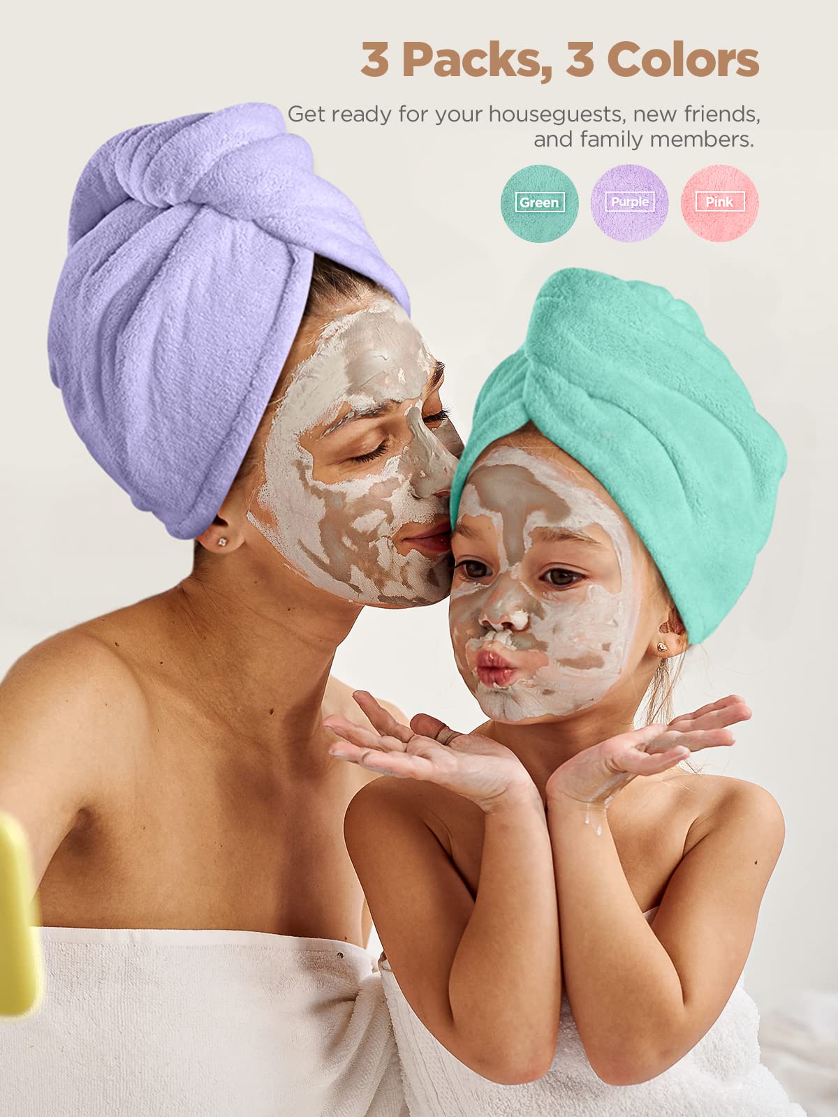 Hicober Microfiber Hair Towel, 3 Packs Hair Turbans for Wet Hair, Drying Hair Wrap Towels for Curly Hair Women Anti Frizz (Blue,Grey,Pink)