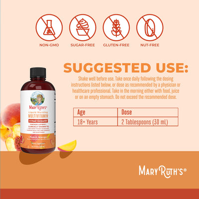MaryRuth's Liquid Multivitamin + Lustriva® Hair Growth | Biotin 10000mcg | Vitamin D | B Vitamins | Clinically Tested for Thicker Hair, Wrinkles, Fine Lines, Skin Care | Ages 18+ | 30 Fl Oz