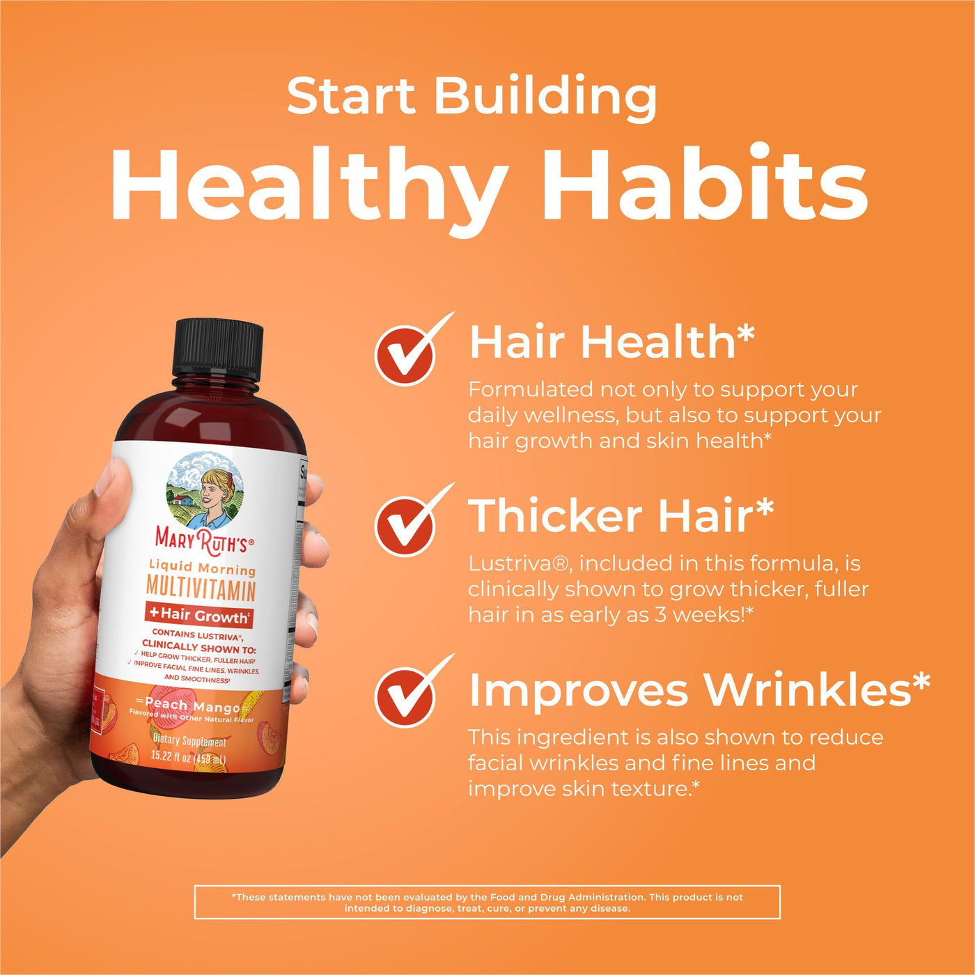 MaryRuth's Liquid Multivitamin + Lustriva® Hair Growth | Biotin 10000mcg | Vitamin D | B Vitamins | Clinically Tested for Thicker Hair, Wrinkles, Fine Lines, Skin Care | Ages 18+ | 30 Fl Oz