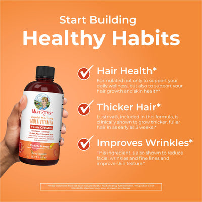 MaryRuth's Liquid Multivitamin + Lustriva® Hair Growth | Biotin 10000mcg | Vitamin D | B Vitamins | Clinically Tested for Thicker Hair, Wrinkles, Fine Lines, Skin Care | Ages 18+ | 30 Fl Oz