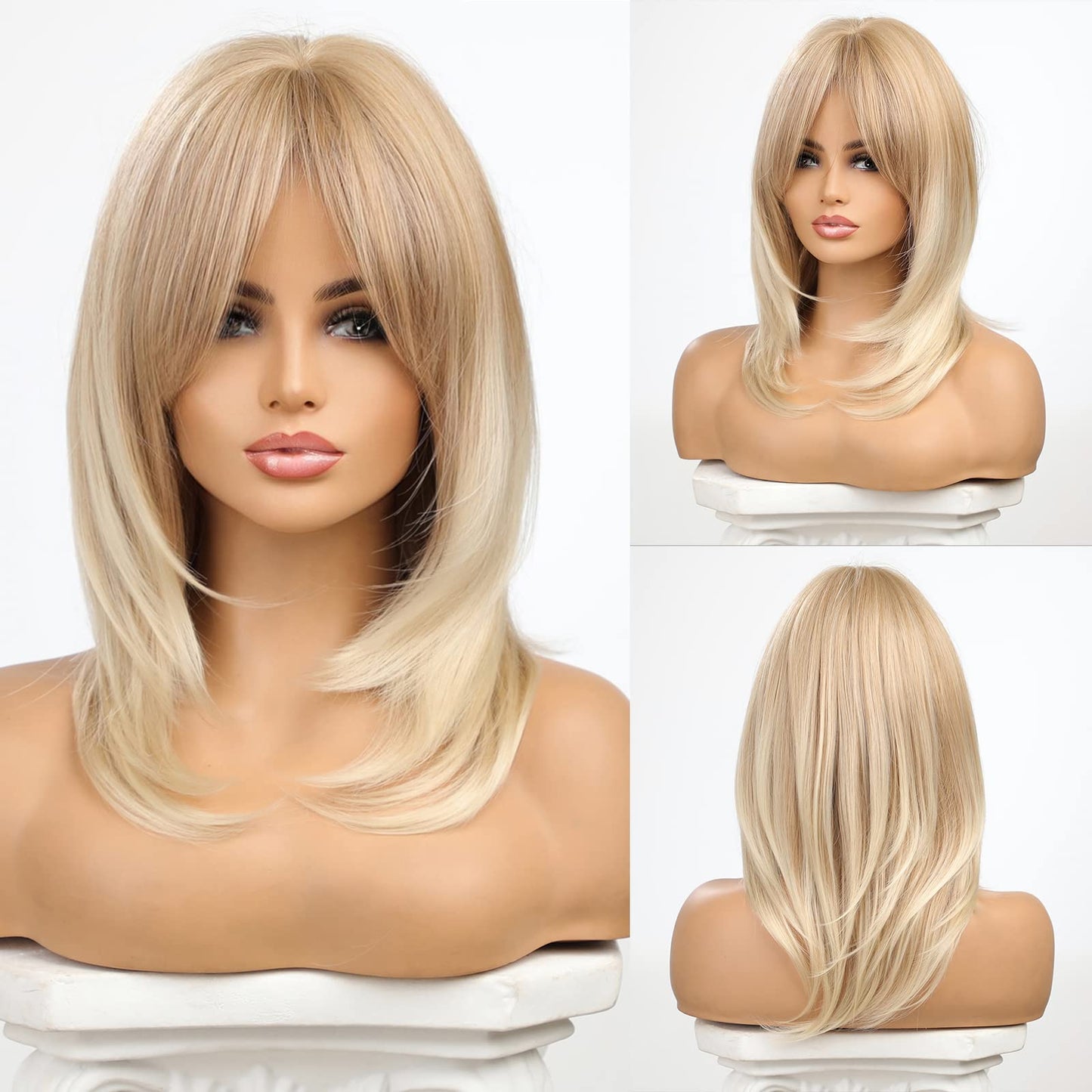 HAIRCUBE Blonde Wigs Long Curly Wigs Shoulder Length Heat Resistant Synthetic Wigs for Women with Bangs