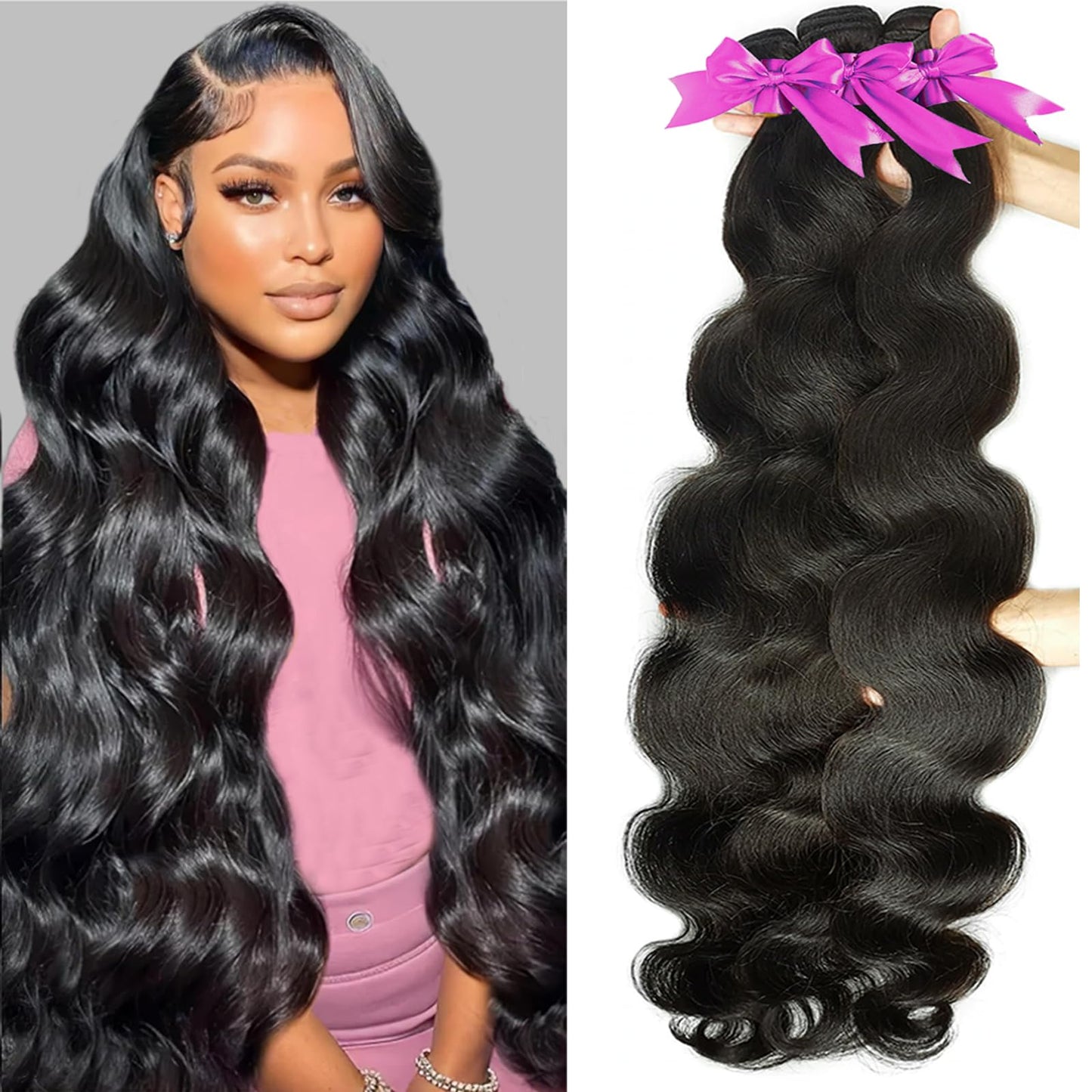 Rao 12A Body Wave Bundles Human Hair 22 24 26 Inch Human Hair Bundles 100% Brazilian Virgin Hair Body Wave Bundles Weave Human Hair Extensions 3 Bundles Deals Real Human Hair Natural Black For Women