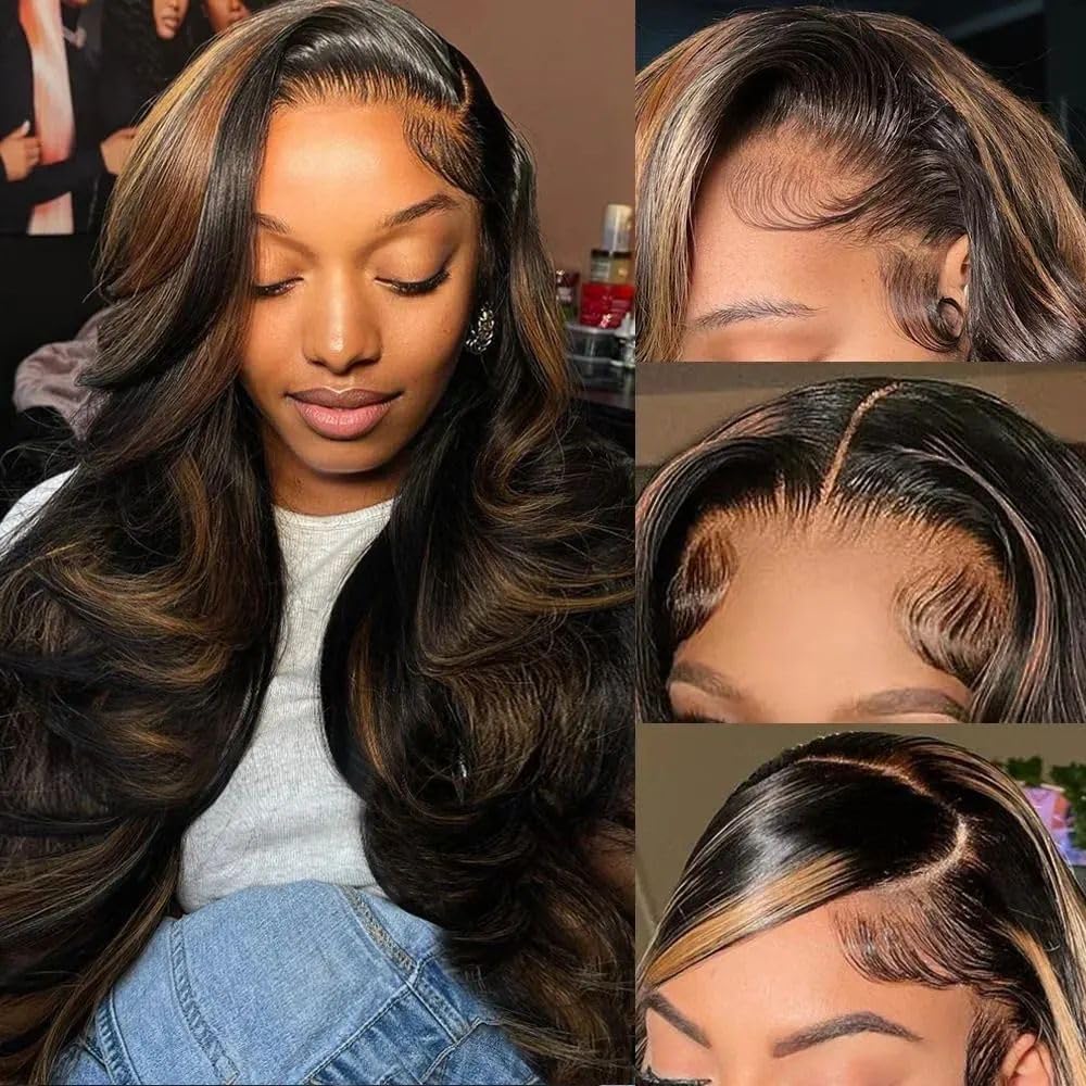 30 Inch Honey Blonde Ombre 13x6 Lace Front Wigs Human Hair 200% Density Highlight Body Wave HD Lace Front Wigs Human Hair Pre Plucked Glueless P4/27 Colored Honey Blonde Wig for Women