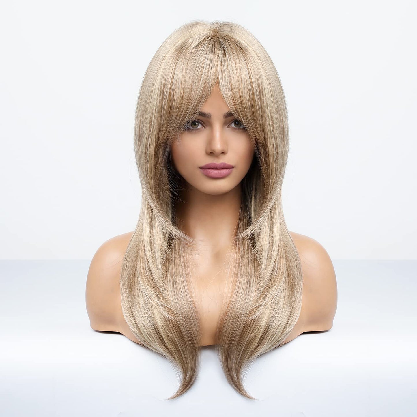 HAIRCUBE Blonde Wigs Long Curly Wigs Shoulder Length Heat Resistant Synthetic Wigs for Women with Bangs