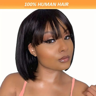 Brazilian Remy Non-toxic Wig, Straight Hair And Short Hair, Black. Human Hair Mechanism, Non-sticky And Non-toxic Wig With Bangs, Suitable For The Whole Scene.