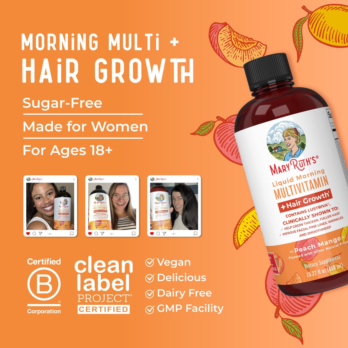 MaryRuth's Liquid Multivitamin + Lustriva® Hair Growth | Biotin 10000mcg | Vitamin D | B Vitamins | Clinically Tested for Thicker Hair, Wrinkles, Fine Lines, Skin Care | Ages 18+ | 30 Fl Oz