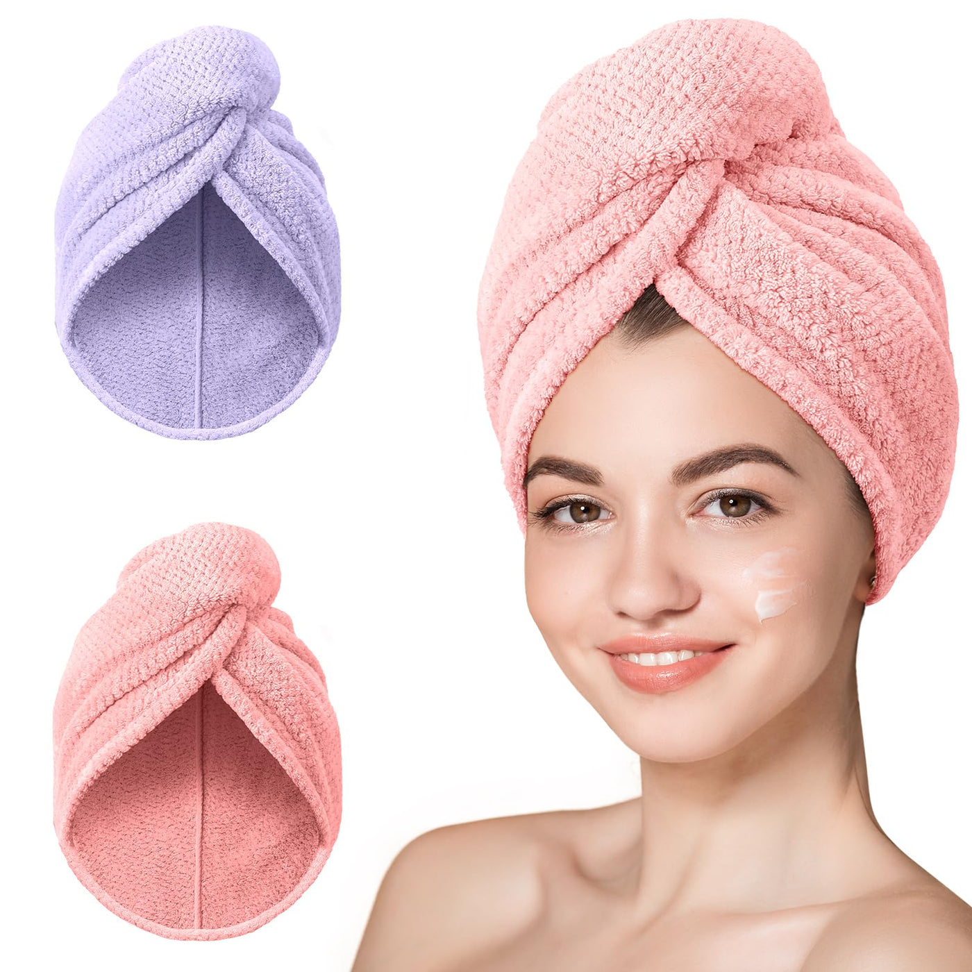 Hicober Microfiber Hair Towel, 3 Packs Hair Turbans for Wet Hair, Drying Hair Wrap Towels for Curly Hair Women Anti Frizz (Blue,Grey,Pink)