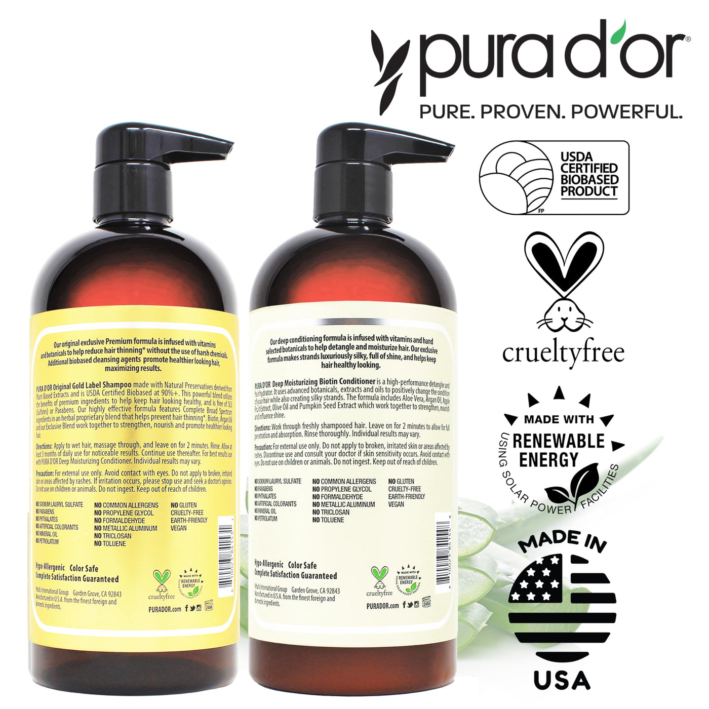 PURA D'OR Anti-Thinning Biotin Shampoo & Deep Moisturizing Conditioner Original Gold Label Set (16oz x2) Natural Earthy Scent, CLINICALLY TESTED Effective Results, DHT Blocker Thickening, Women & Men