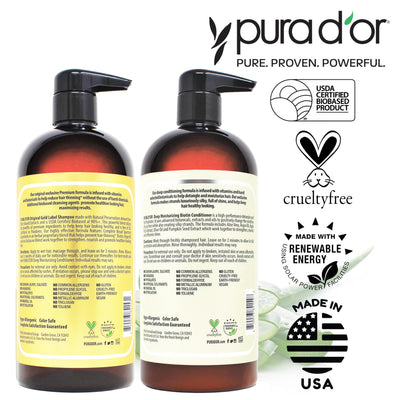 PURA D'OR Anti-Thinning Biotin Shampoo & Deep Moisturizing Conditioner Original Gold Label Set (16oz x2) Natural Earthy Scent, CLINICALLY TESTED Effective Results, DHT Blocker Thickening, Women & Men
