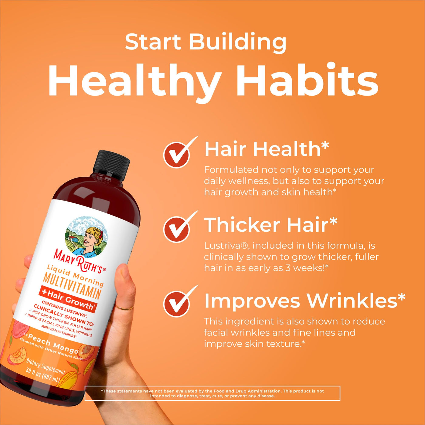 MaryRuth's Liquid Multivitamin + Lustriva® Hair Growth | Biotin 10000mcg | Vitamin D | B Vitamins | Clinically Tested for Thicker Hair, Wrinkles, Fine Lines, Skin Care | Ages 18+ | 30 Fl Oz