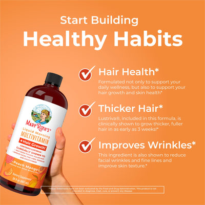 MaryRuth's Liquid Multivitamin + Lustriva® Hair Growth | Biotin 10000mcg | Vitamin D | B Vitamins | Clinically Tested for Thicker Hair, Wrinkles, Fine Lines, Skin Care | Ages 18+ | 30 Fl Oz