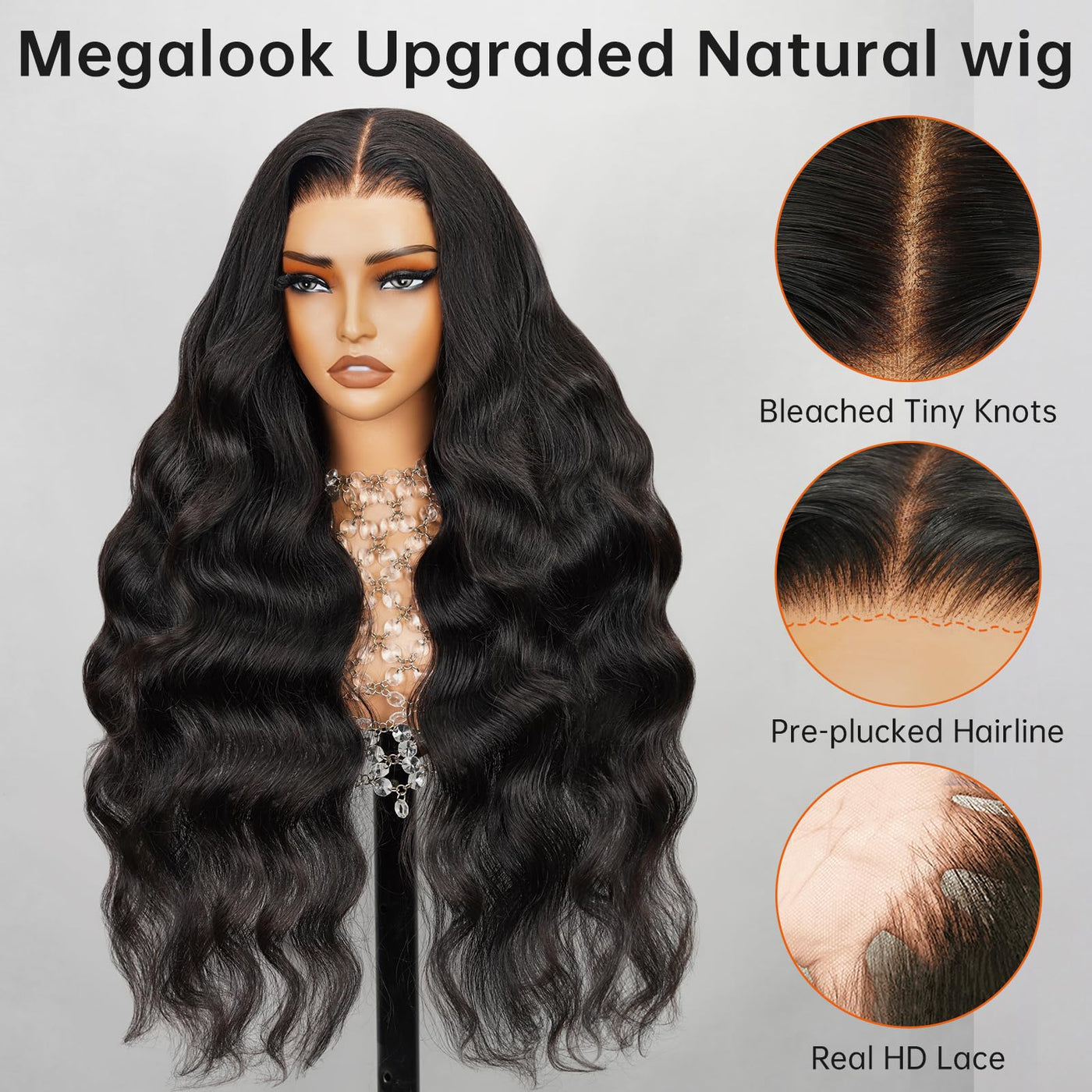 MEGALOOK 12A Wear and Go Glueless Wig Upgraded New Body Wave Human Hair Wig Pre Plucked Pre Cut 6x5 HD Closure Wigs Human Hair Bleached Tiny Knots 220% Density 28 Inch (New Body)