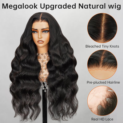 MEGALOOK 12A Wear and Go Glueless Wig Upgraded New Body Wave Human Hair Wig Pre Plucked Pre Cut 6x5 HD Closure Wigs Human Hair Bleached Tiny Knots 220% Density 28 Inch (New Body)