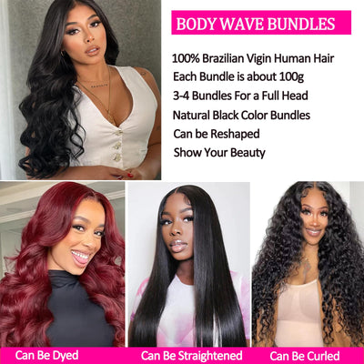 Rao 12A Body Wave Bundles Human Hair 22 24 26 Inch Human Hair Bundles 100% Brazilian Virgin Hair Body Wave Bundles Weave Human Hair Extensions 3 Bundles Deals Real Human Hair Natural Black For Women