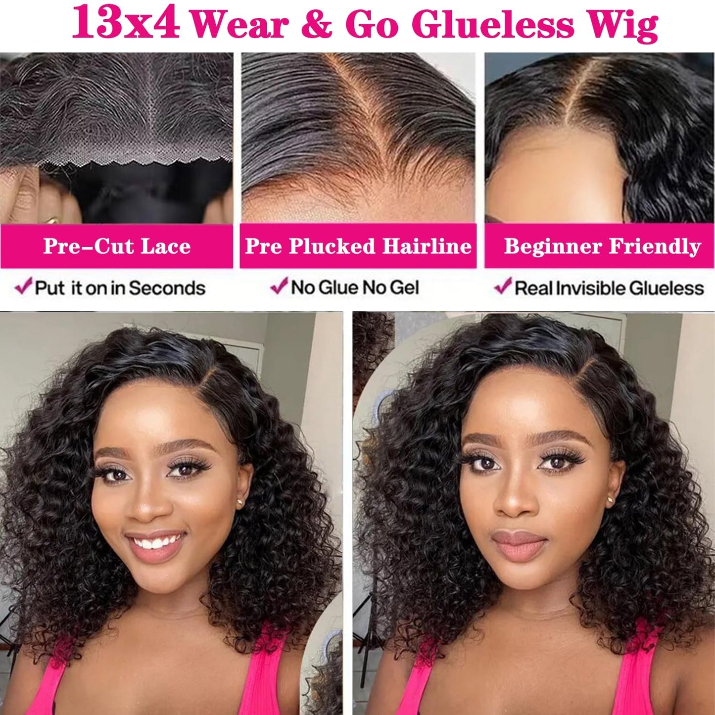 Wear and Go Glueless Bob Wig Human Hair Pre Plucked Pre Cut 13x4 Deep Curly Lace Front Wigs Human Hair For Black Women No Glue Upgraded Glueless Short Curly Bob Human Hair Wig 150% Density (12 Inch)