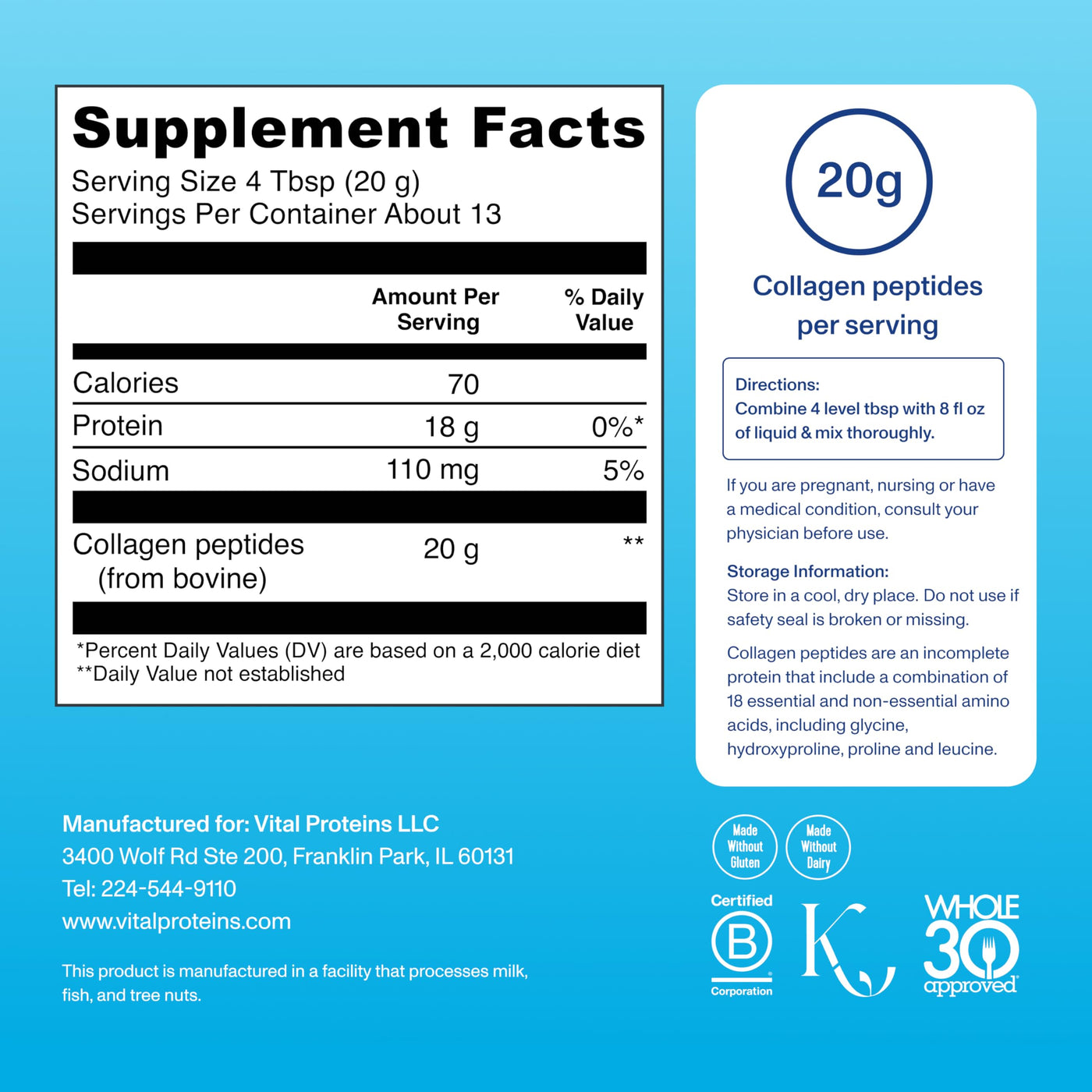 Vital Collagen Peptides Powder, Helps Support Hair, Skin, Nails, Bones and Joints - Vanilla 11.5 oz