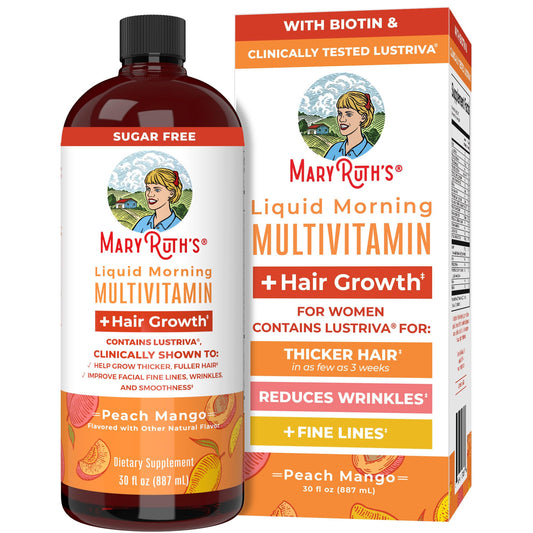 MaryRuth's Liquid Multivitamin + Lustriva® Hair Growth | Biotin 10000mcg | Vitamin D | B Vitamins | Clinically Tested for Thicker Hair, Wrinkles, Fine Lines, Skin Care | Ages 18+ | 30 Fl Oz