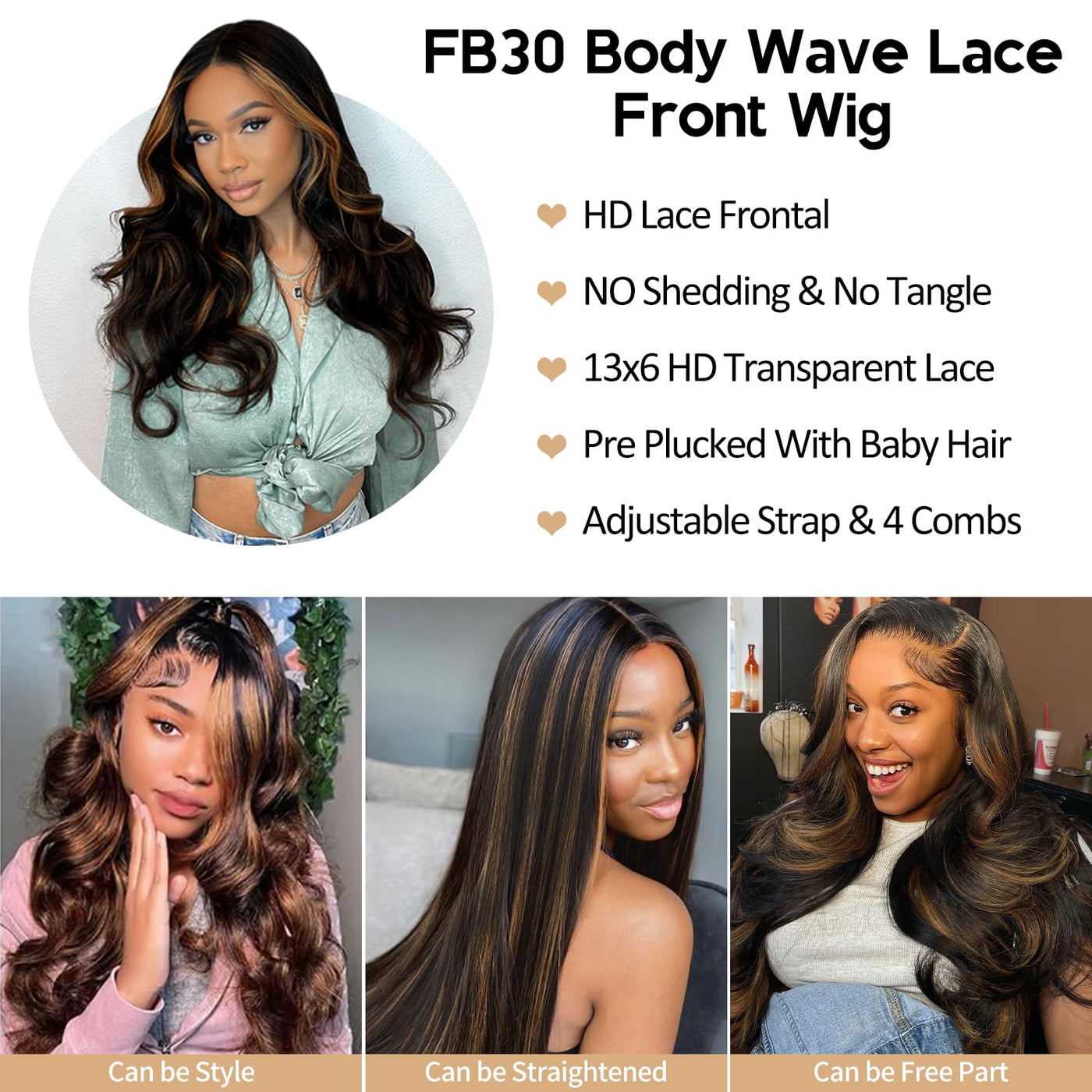 30 Inch Honey Blonde Ombre 13x6 Lace Front Wigs Human Hair 200% Density Highlight Body Wave HD Lace Front Wigs Human Hair Pre Plucked Glueless P4/27 Colored Honey Blonde Wig for Women