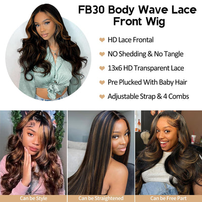30 Inch Honey Blonde Ombre 13x6 Lace Front Wigs Human Hair 200% Density Highlight Body Wave HD Lace Front Wigs Human Hair Pre Plucked Glueless P4/27 Colored Honey Blonde Wig for Women
