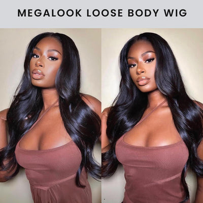 MEGALOOK 12A Wear and Go Glueless Wig Upgraded New Body Wave Human Hair Wig Pre Plucked Pre Cut 6x5 HD Closure Wigs Human Hair Bleached Tiny Knots 220% Density 28 Inch (New Body)