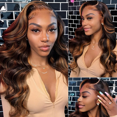 30 Inch Honey Blonde Ombre 13x6 Lace Front Wigs Human Hair 200% Density Highlight Body Wave HD Lace Front Wigs Human Hair Pre Plucked Glueless P4/27 Colored Honey Blonde Wig for Women