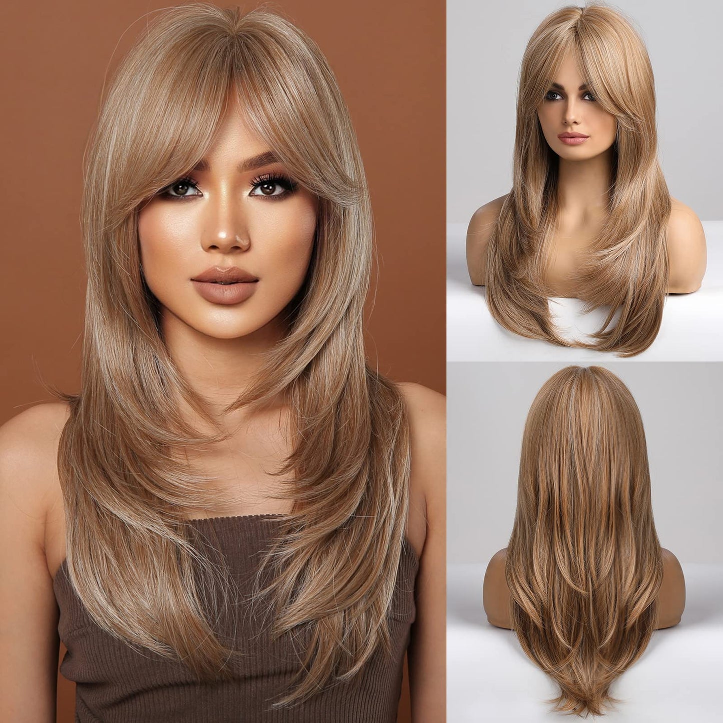 HAIRCUBE Blonde Wigs Long Curly Wigs Shoulder Length Heat Resistant Synthetic Wigs for Women with Bangs