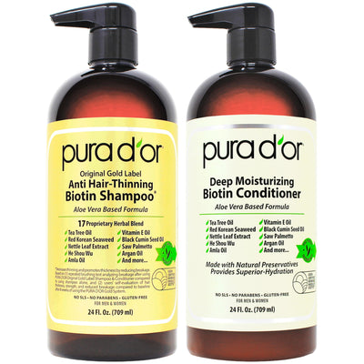 PURA D'OR Anti-Thinning Biotin Shampoo & Deep Moisturizing Conditioner Original Gold Label Set (16oz x2) Natural Earthy Scent, CLINICALLY TESTED Effective Results, DHT Blocker Thickening, Women & Men