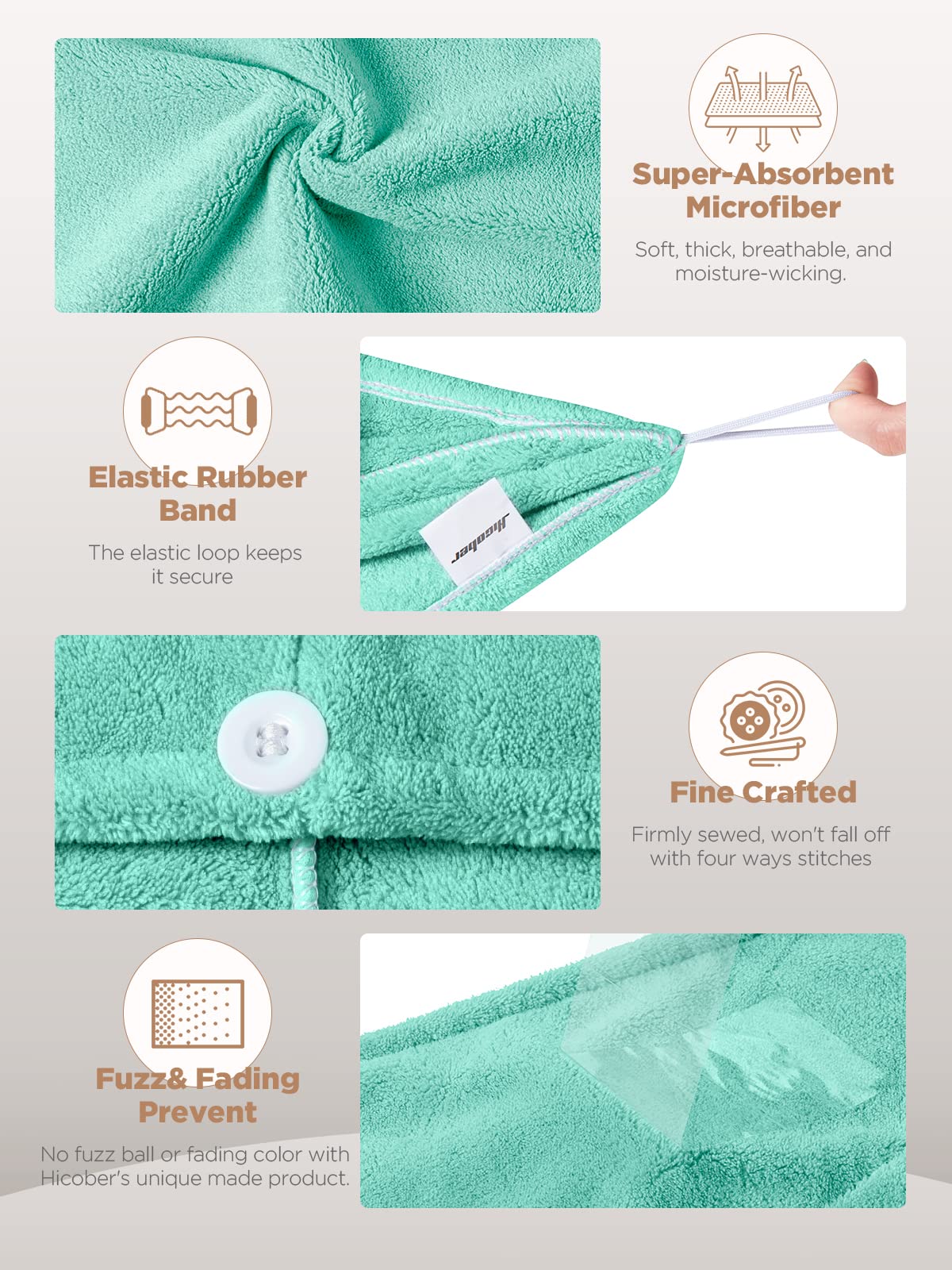 Hicober Microfiber Hair Towel, 3 Packs Hair Turbans for Wet Hair, Drying Hair Wrap Towels for Curly Hair Women Anti Frizz (Blue,Grey,Pink)