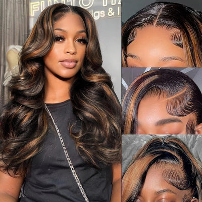 30 Inch Honey Blonde Ombre 13x6 Lace Front Wigs Human Hair 200% Density Highlight Body Wave HD Lace Front Wigs Human Hair Pre Plucked Glueless P4/27 Colored Honey Blonde Wig for Women