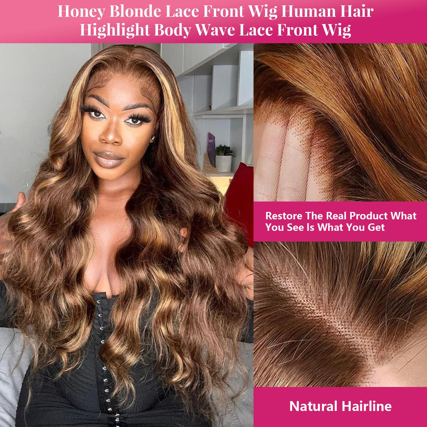 30 Inch Honey Blonde Ombre 13x6 Lace Front Wigs Human Hair 200% Density Highlight Body Wave HD Lace Front Wigs Human Hair Pre Plucked Glueless P4/27 Colored Honey Blonde Wig for Women