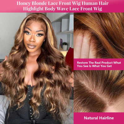 30 Inch Honey Blonde Ombre 13x6 Lace Front Wigs Human Hair 200% Density Highlight Body Wave HD Lace Front Wigs Human Hair Pre Plucked Glueless P4/27 Colored Honey Blonde Wig for Women