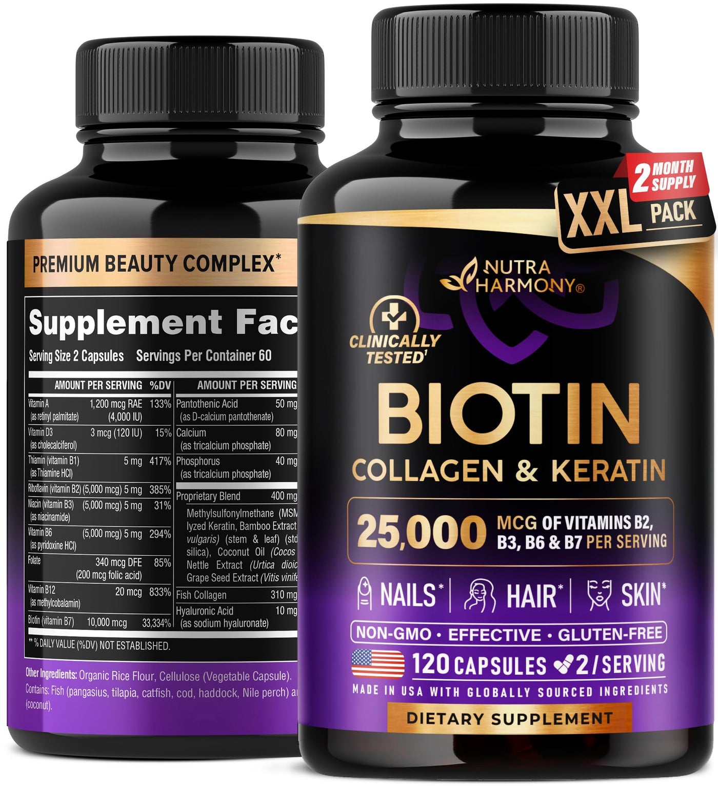 Biotin | Collagen | Keratin - Hair Growth Support, Skin & Nails - Women & Men | 60 Capsules