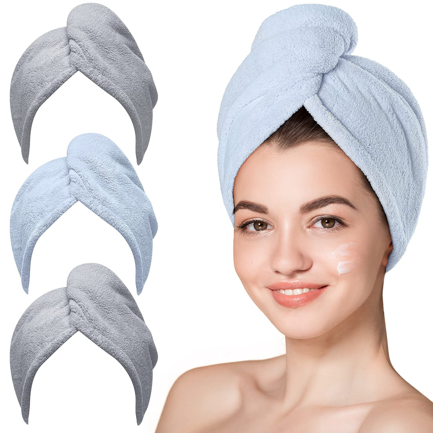 Hicober Microfiber Hair Towel, 3 Packs Hair Turbans for Wet Hair, Drying Hair Wrap Towels for Curly Hair Women Anti Frizz (Blue,Grey,Pink)