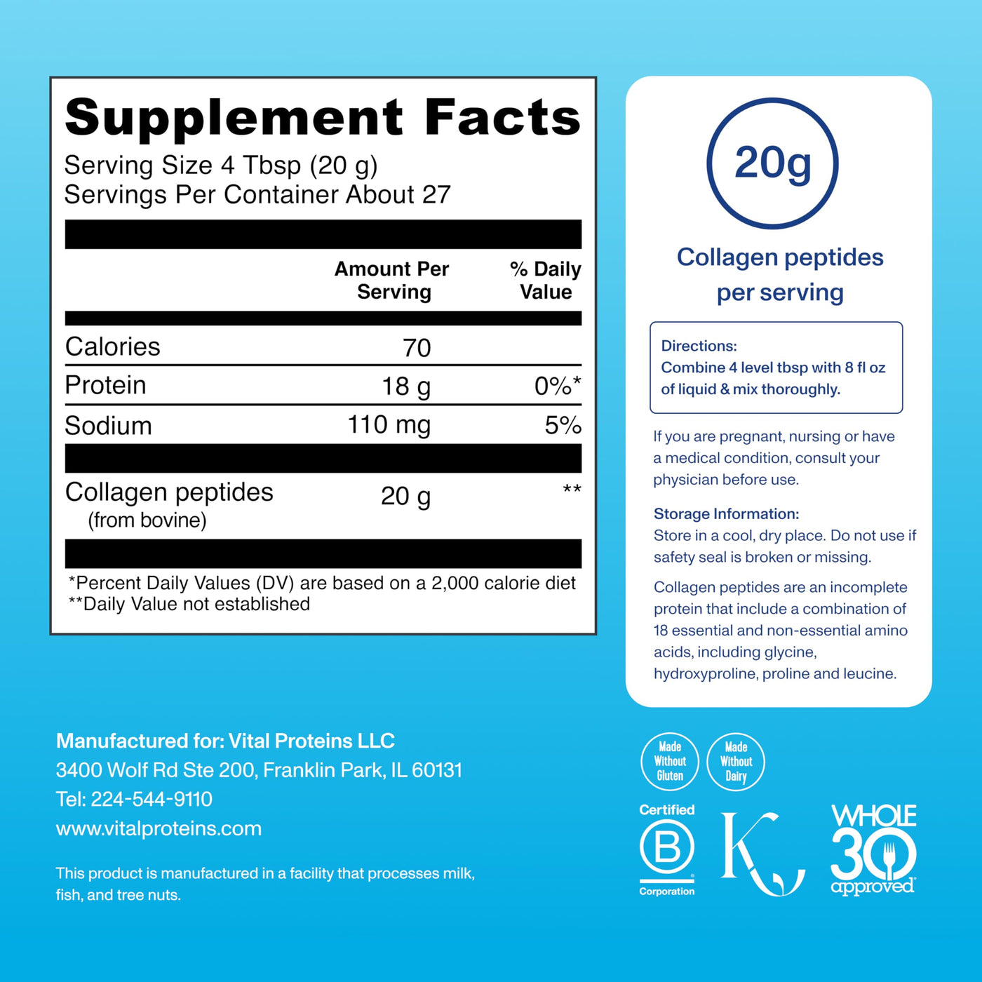 Vital Collagen Peptides Powder, Helps Support Hair, Skin, Nails, Bones and Joints - Vanilla 11.5 oz