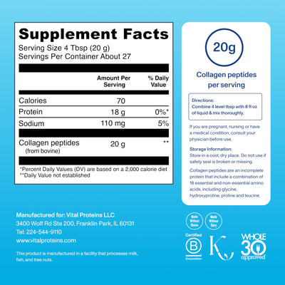 Vital Collagen Peptides Powder, Helps Support Hair, Skin, Nails, Bones and Joints - Vanilla 11.5 oz