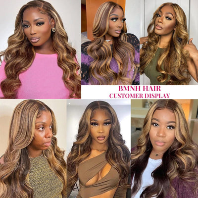 30 Inch Honey Blonde Ombre 13x6 Lace Front Wigs Human Hair 200% Density Highlight Body Wave HD Lace Front Wigs Human Hair Pre Plucked Glueless P4/27 Colored Honey Blonde Wig for Women