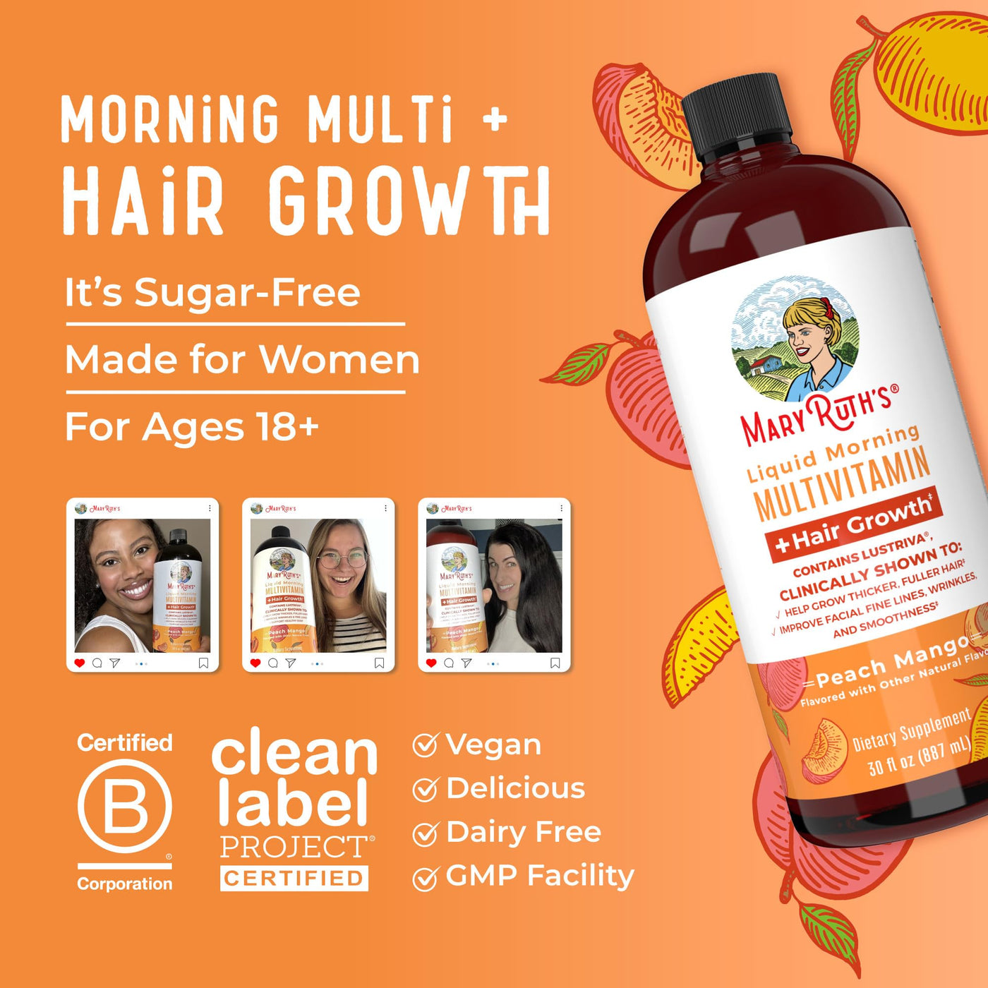 MaryRuth's Liquid Multivitamin + Lustriva® Hair Growth | Biotin 10000mcg | Vitamin D | B Vitamins | Clinically Tested for Thicker Hair, Wrinkles, Fine Lines, Skin Care | Ages 18+ | 30 Fl Oz