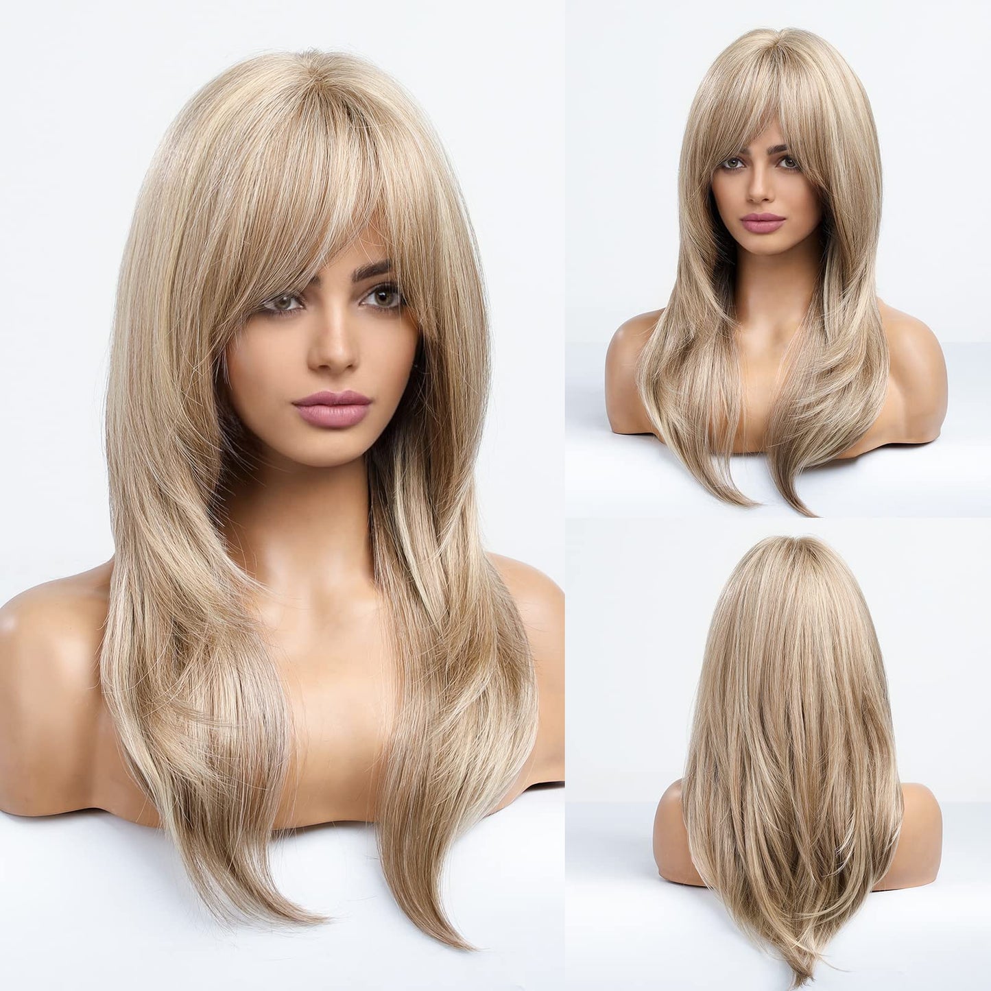 HAIRCUBE Blonde Wigs Long Curly Wigs Shoulder Length Heat Resistant Synthetic Wigs for Women with Bangs