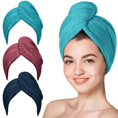 Hicober Microfiber Hair Towel, 3 Packs Hair Turbans for Wet Hair, Drying Hair Wrap Towels for Curly Hair Women Anti Frizz (Blue,Grey,Pink)