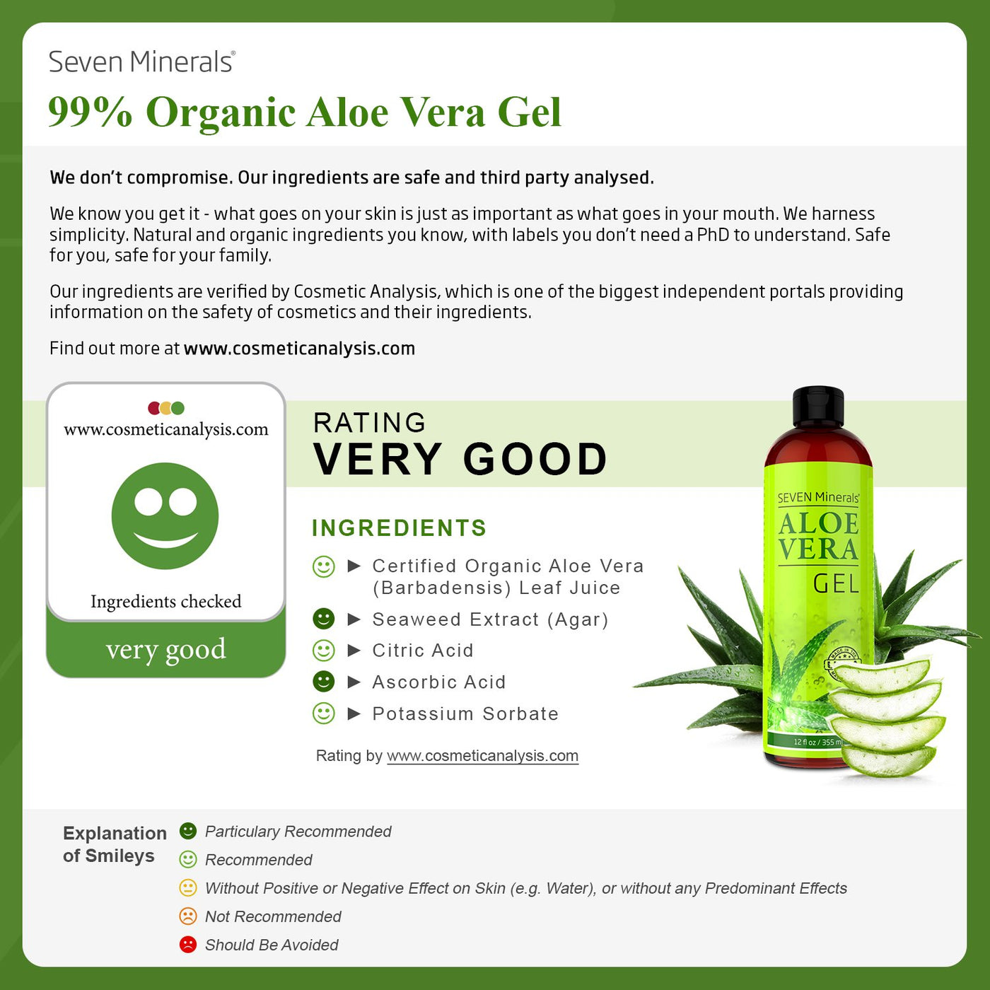 Seven Minerals Organic Aloe Vera Gel from freshly cut 100% Pure Aloe - Big 12oz - HighestQuality, Texas grown, Vegan, Unscented - For Face, Skin, Hair, Sunburn relief