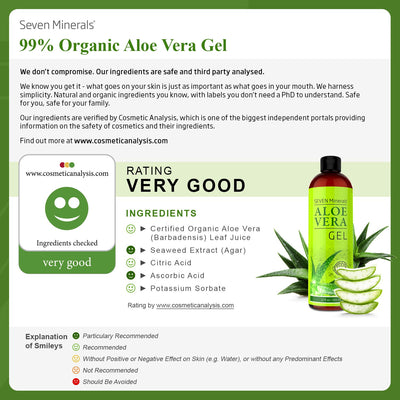 Seven Minerals Organic Aloe Vera Gel from freshly cut 100% Pure Aloe - Big 12oz - HighestQuality, Texas grown, Vegan, Unscented - For Face, Skin, Hair, Sunburn relief