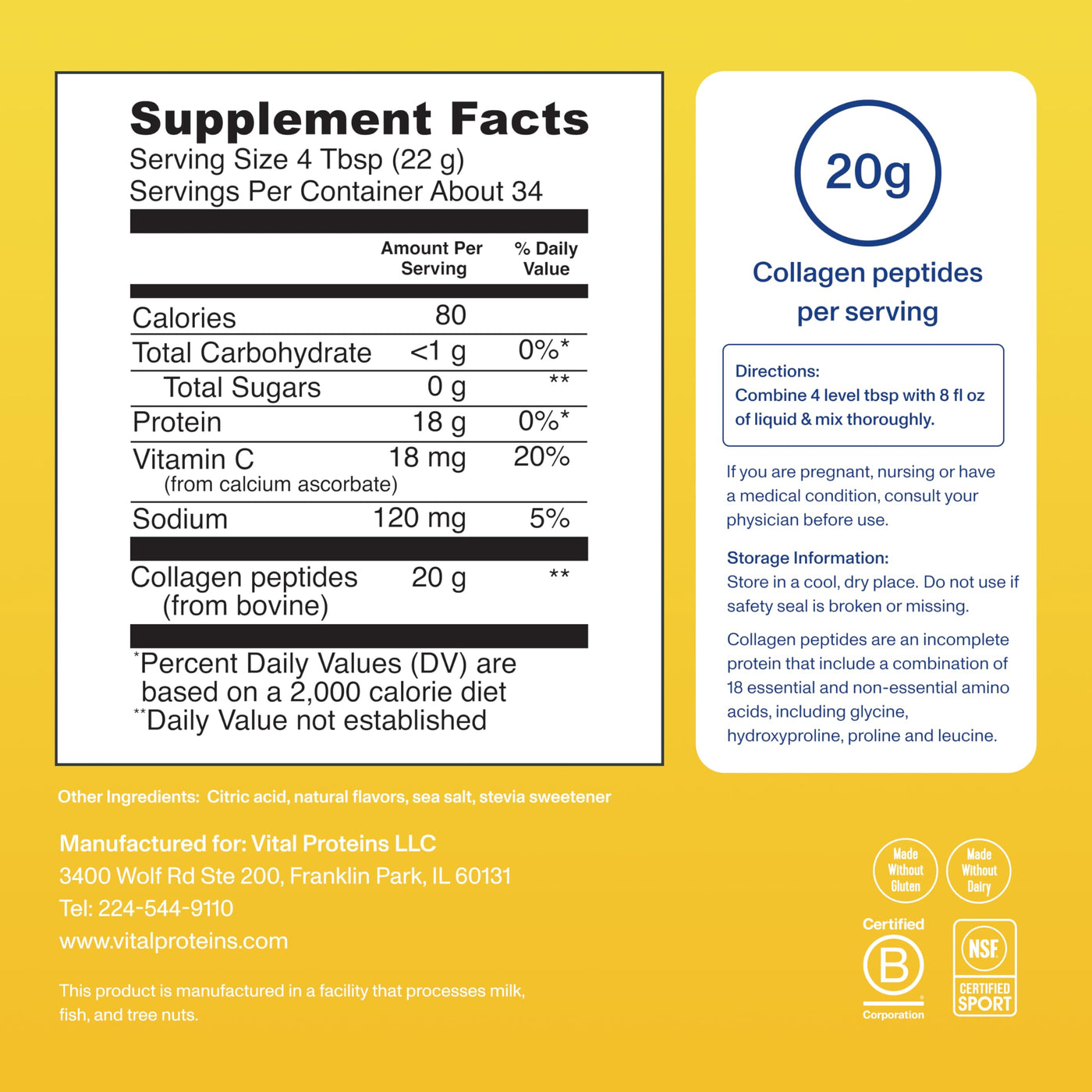 Vital Collagen Peptides Powder, Helps Support Hair, Skin, Nails, Bones and Joints - Vanilla 11.5 oz