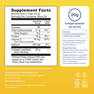 Vital Collagen Peptides Powder, Helps Support Hair, Skin, Nails, Bones and Joints - Vanilla 11.5 oz