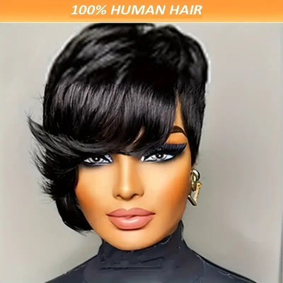 Straight Black Elegant 8 PixieCut Wig For Women -Glueless Human Hairwith Long Bangs, Everyday Style Wig L SleekShort Wig   Wig Accessories