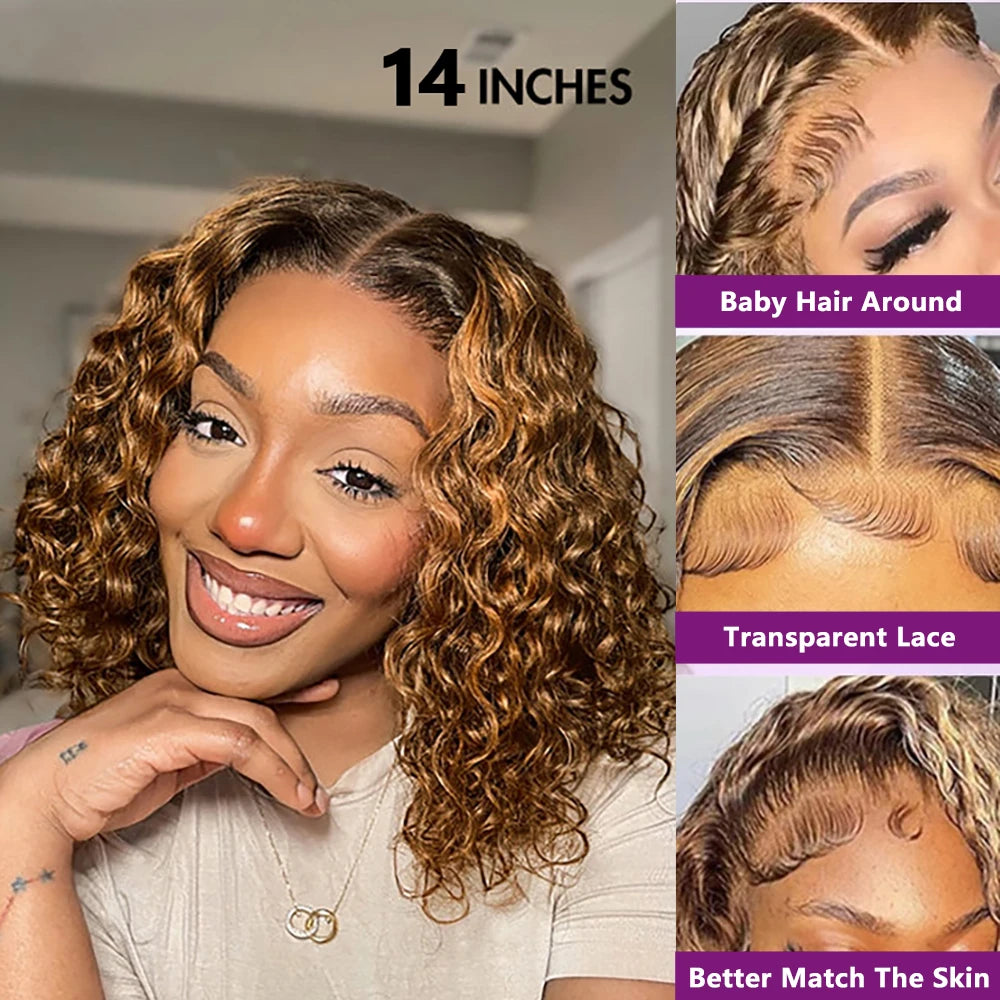 Highlight Deep Wave Human Hair Bob Wig 13x4 Transparent Lace Wig 250% Density Deep Curly Bob Wig Pre-Plucked Lace Frontal Wig