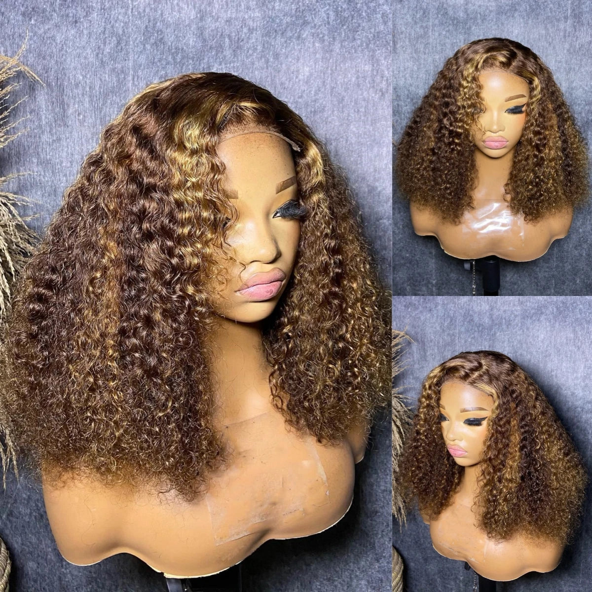 Highlight Color Short Bob Wig Deep Culry Lace Frontal Human Hair Wigs 220% Density #4/27 Highlight Brown Deep Curly Bob Wig